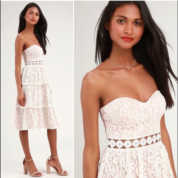 ❤️Lulu’s Adorn White Lace Strapless Midi Dress - Picture 1 of 9